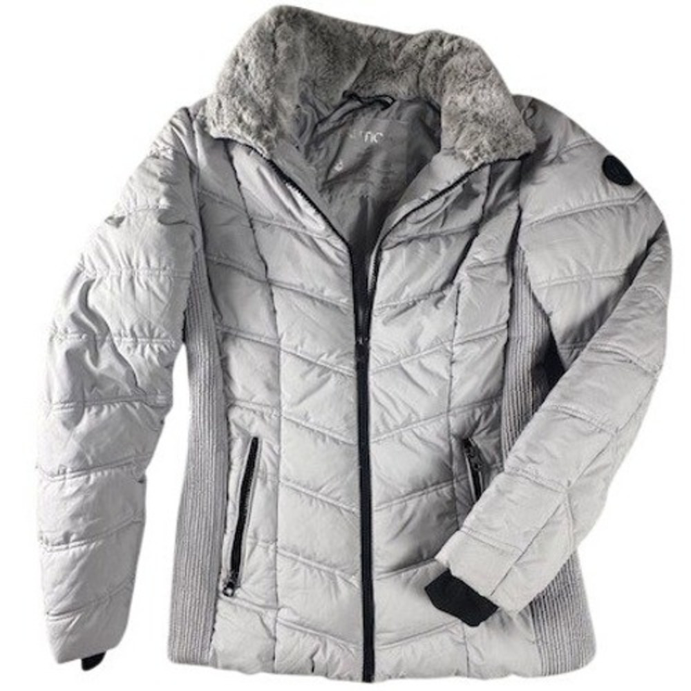 Nautica Puffer Jacket Womens Small Grey Quilted Faux Fur Collar Water Resistant